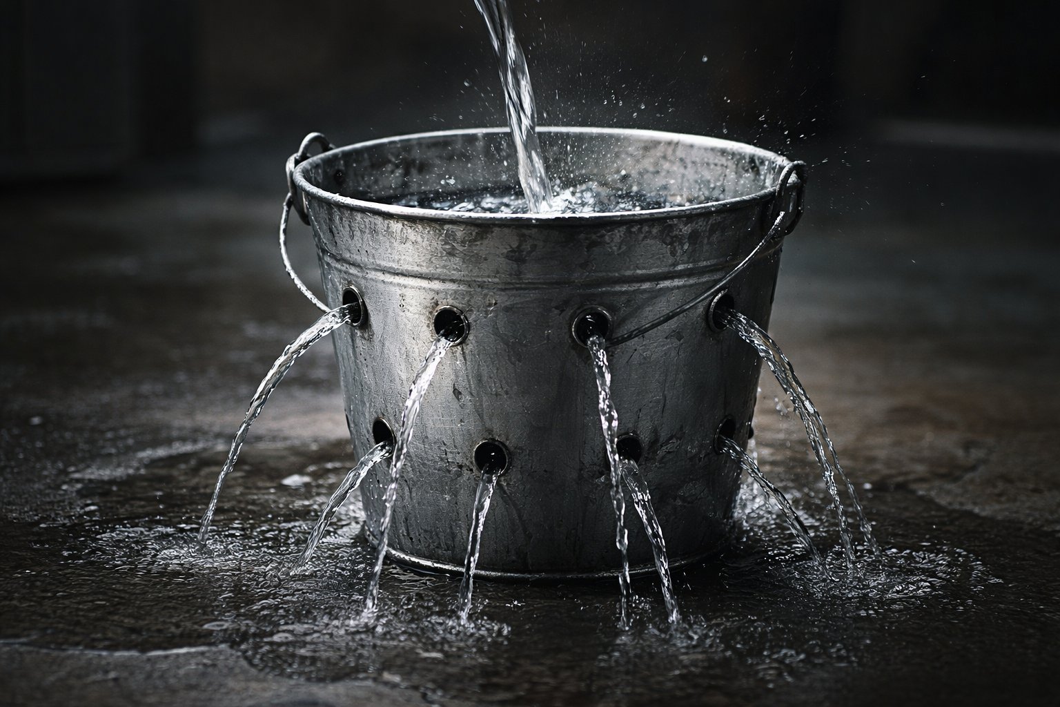 A leaking bucket with water pouring out—more traffic won't fix a broken system